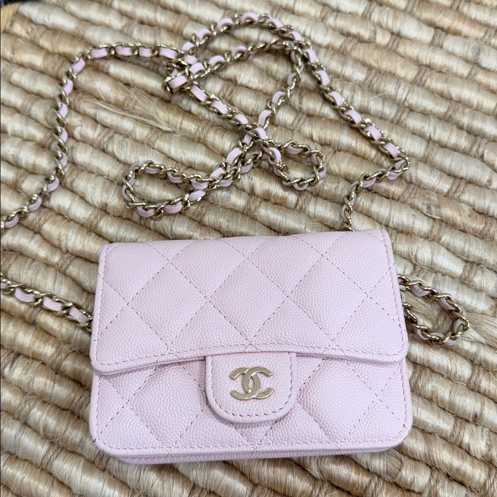 CHANEL Light Pink Quilted Mini Bag with Gold Chain